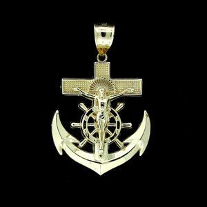 Real 10K Yellow Gold XL Anchor Cross Pendant